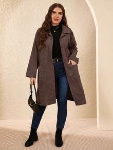EMERY ROSE 加大码乡村服装女式灯芯绒双口袋纽扣门襟中长外套，秋季女装 - 棕色 - 查看 3