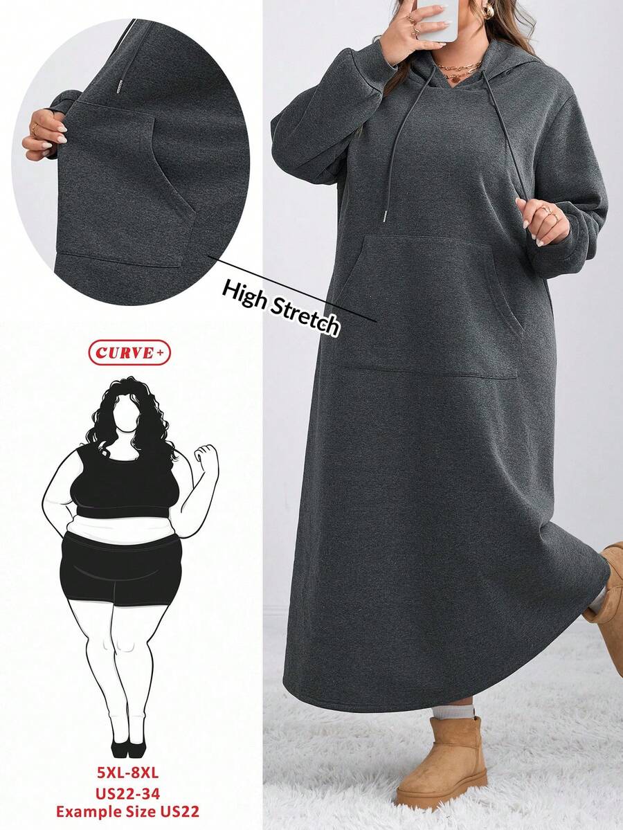 SHEIN CURVE+ 大码女式纯色加厚连帽卫衣裙 - 深灰色 - 查看 1