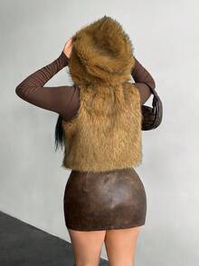 SHEIN SXY Retro Y2K Kunstfell Kapuzenweste, modisch für Herbst/Winter, Braun, Thanksgiving, Winter - Kaffeebraun - Übersicht 4
