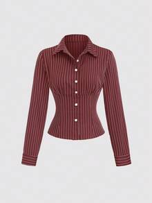 Sweetra Fashionable Contrast Color Textured Button Fitted Waist Flattering Striped Collar Long Sleeve Blouse For Women - Red - View 2