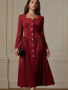 Chiquease Elegante abito lungo a maniche lunghe con vita segnata, in stile francese alla moda - Bordò - Visualizzare 3