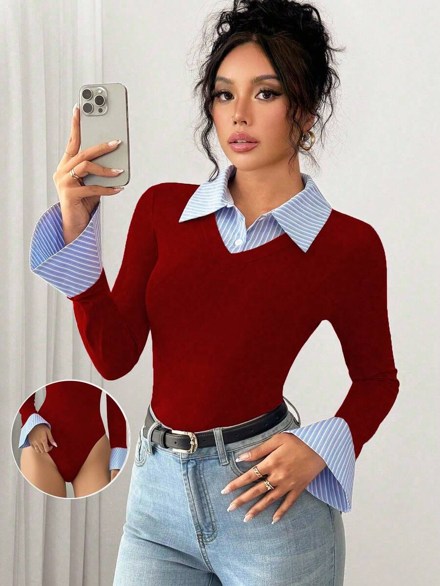 SHEIN PETITE Elegant Commuter Bodysuit, AB Splice Collar, Flared Cuffs, Long Sleeve, Half-Placket, Striped, Multi-Color, Women, Autumn/Winter - Burgundy - View 1