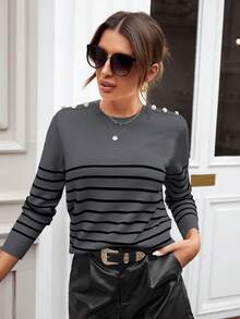 SHEIN LUNE Suéter con detalles de botones y patrón de rayas para otoño/invierno - Gris - Ver 3