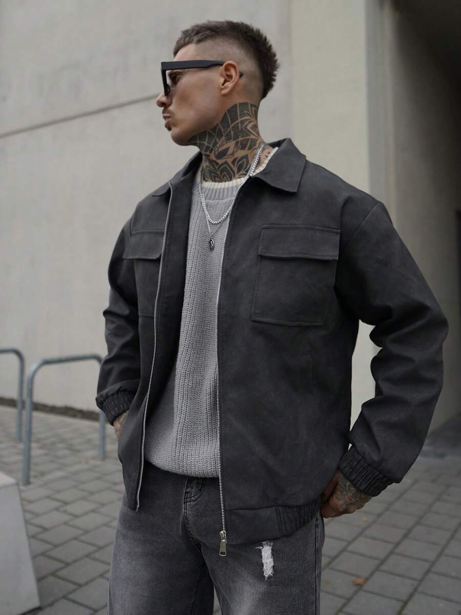 Artur Kramer 男士宽松机车皮夹克，全新秋冬款式 - 黑色 - 查看 1