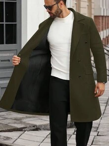 Manfinity CasualCool 男士加大码纯色口袋纽扣长袖外套，秋季男士长款绿色外套，男士绿色风衣，男士休闲绿色外套，适合冬季穿着 - 軍綠色 - 查看 6