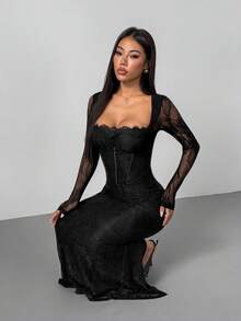 SHEIN PETITE 女士新款性感S型蕾丝长袖束身美人鱼连衣裙，适合派对、约会、晚宴等场合，黑色连衣裙，优雅高贵，秋季女装 - 黑色 - 查看 7