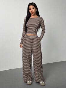 SHEIN PETITE Autumn & Winter Women's Knitted Striped Slim Top + Wide Leg Pants Casual & Comfortable 2-Piece Set, Dark Gray - Multicolor - View 4
