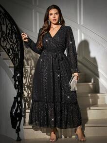 Gownix 大码亮片拼接V领长袖连衣裙 - 黑色 - 查看 7