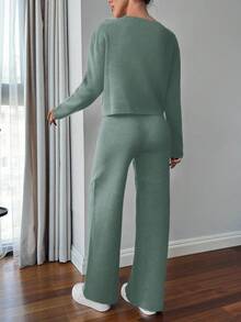 EURMUSE Damen Einfarbiger Langarm Einzelknopf Gestrickter Cardigan und Gestrickte Hose Lässiger 2 Stücke Set, Herbst/Winter - Minzgrün - Übersicht 2
