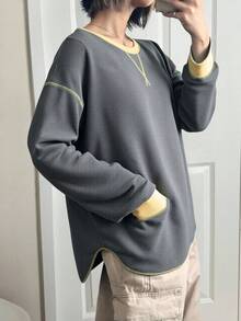 FRIFUL 女士藏蓝色撞色绿色圆领白色明线装饰落肩长袖宽松休闲百搭T恤，秋冬款 - 灰色 - 查看 3