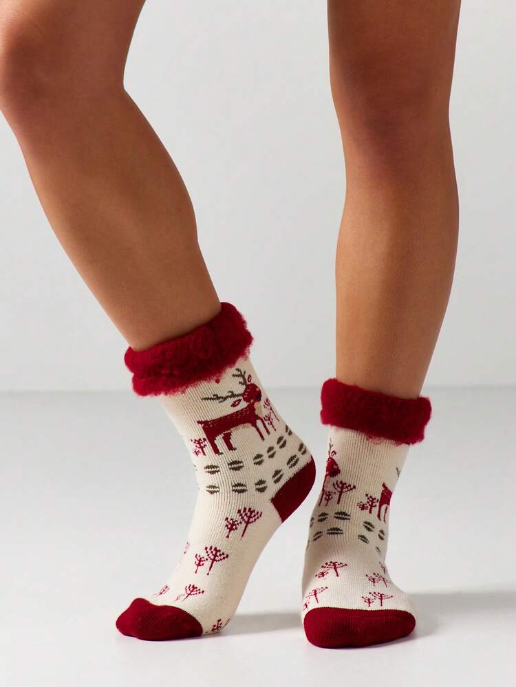 MISSGUIDED Calcetines de casa tipo pantufla con motivo de árbol y puño esponjoso, calzado acogedor para invierno