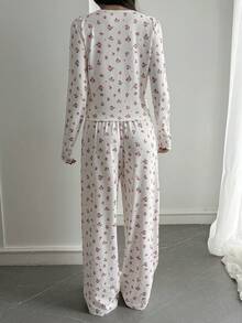 Livesso 女士休闲碎花圆领两件套家居服，秋冬款 - 白色 - 查看 2