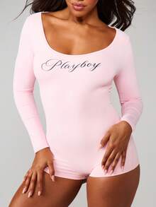 Missguided x Playboy 女士系带露背长袖连体紧身衣，弹力修身款 - 粉色 - 查看 2