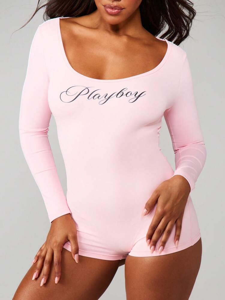 Missguided x Playboy Body à manches longues avec laçage dans le dos, ajusté et extensible, une pièce pour femmes