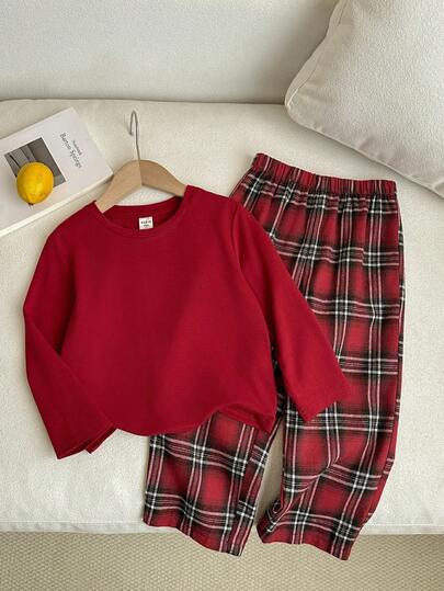 SHEIN Matching Family Outfits For Sisters, Young Girls Casual Plaid Fitted Round Neck Short Sleeve Pants Pajamas, Suitable For Autumn/Winter, Christmas, Christmas Party