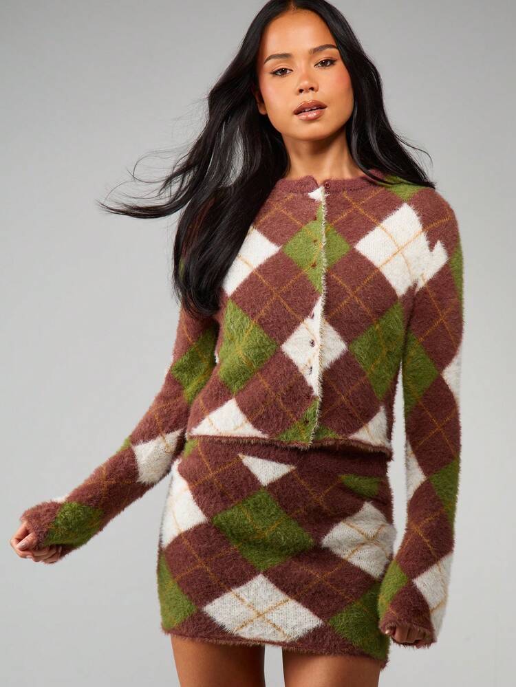 MISSGUIDED Argyle Knitted Cardigan Mini Skirt Co-Ord Set Fall Winter Diamond Pattern Sweater Outfit