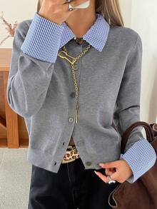 DAZY 女士休闲撞色翻领开衫，秋季款 - 灰色 - 查看 8