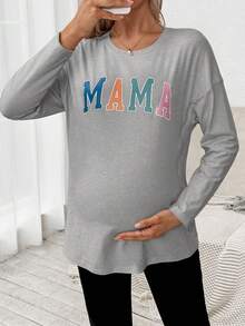 SHEIN Letter Print Round Neck Casual Versatile Long Sleeve Nursing Top Mama Shirt Pregnancy Shirts Breastfeeding Shirt Maternity Shirt - Grey - View 7