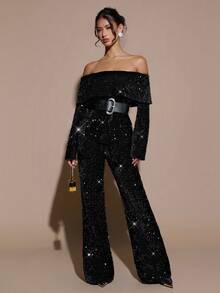 SHEIN BAE Elegante y encantadora blazer de hombro descubierto para mujer, atuendo elegante y brillante para fiestas y Navidad, glamorosa blazer de un solo hombro, perfecta para atuendos de fiesta y looks de citas, blazer de un solo hombro con cinturón. Ropa de otoño e invierno para mujer - Negro - Ver 1
