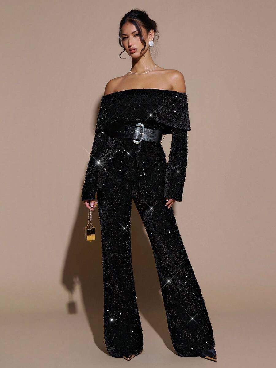SHEIN BAE Elegante y encantadora blazer de hombro descubierto para mujer, atuendo elegante y brillante para fiestas y Navidad, glamorosa blazer de un solo hombro, perfecta para atuendos de fiesta y looks de citas, blazer de un solo hombro con cinturón. Ropa de otoño e invierno para mujer - Negro - Ver 1