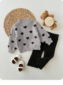 SHEIN Babygirl Cute Polka Dot Long Sleeve Sweater & Elastic Waist Pants Set, Casual For Autumn/Winter