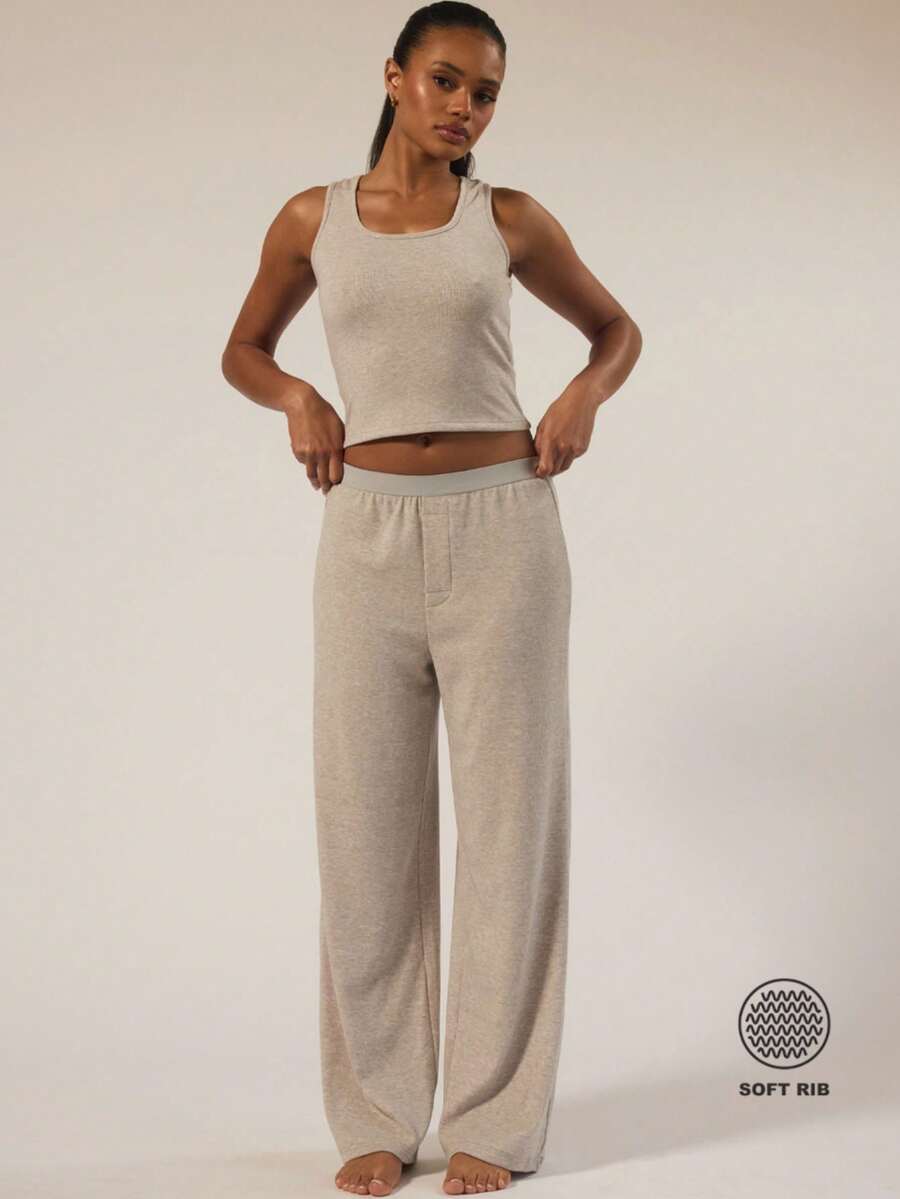 MUSERA ESSENTIALS 弹性腰身直筒柔软罗纹长裤，秋冬季日常舒适居家必备，春季度假休闲穿着。 - 淺灰色 - 查看 1