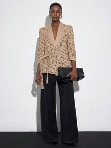 Aveloria Modichic Sequin Embellished Professional Office Wear Jacket With Side Tie Design, Long Sleeve - Khaki - View 1