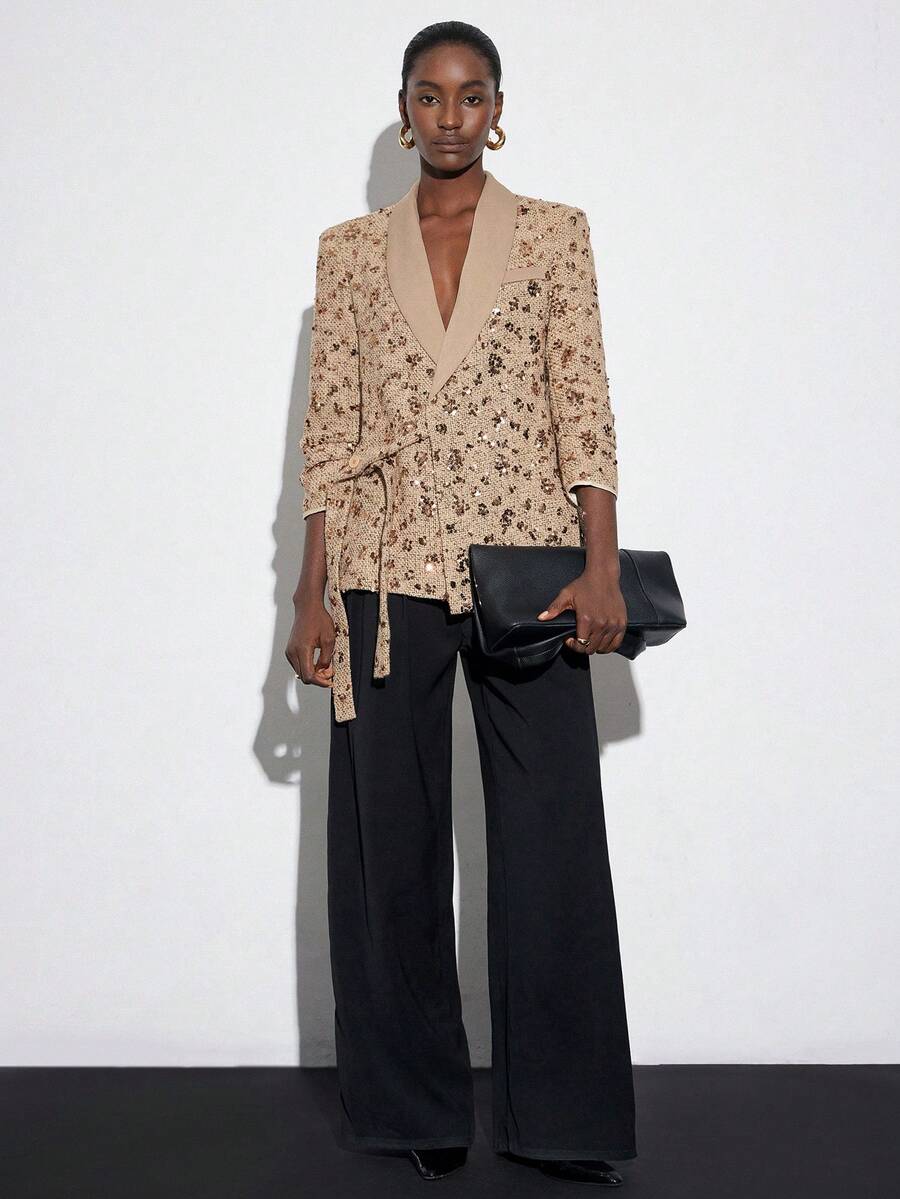 Aveloria Modichic Sequin Embellished Professional Office Wear Jacket With Side Tie Design, Long Sleeve - Khaki - View 1