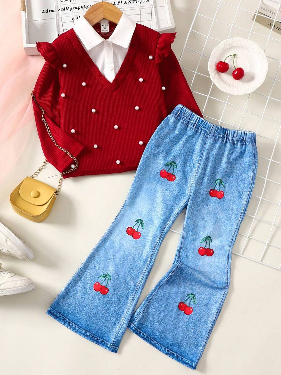 SHEIN Young Girl Casual Comfortable Patchwork Contrast Color Ruffle Collar Sweatshirt And Flare Pants Set - Multicolor - View 1