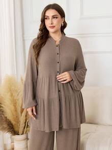 Lacomfia Plus Size Women Spring/Autumn Casual Daily Commute Simple Versatile Solid Color Ribbed Lantern Sleeve Tiered Ruffle Hem Top And Wide Leg Pants 2 Piece Set - Khaki - View 5