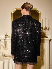 Zanirela Elegant Sequin Embellished Wide Blazer Jacket With A-Line Mesh Hem Skirt, Sophisticated Black 70's Summer Night Out Party Dress Suit - Black - View 2