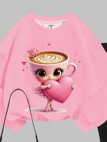 2 件套年轻女孩休闲卡通心形印花落肩宽松圆领长袖运动衫和紧身裤，适合秋冬季 - 彩色 - 查看 4