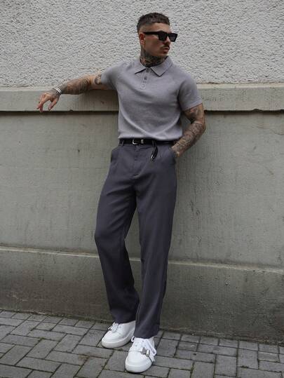 Artur Kramer Men Plain Color Pleated Straight Leg Formal Suit Pants