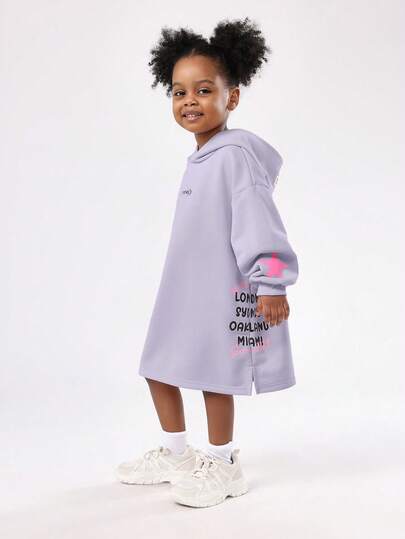 SUMWON Girls Oversized Hoodie Dress With City Print And Long Sleeves For Casual Wear