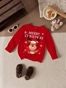 SHEIN Áo len dệt kim họa tiết tối giản thường ngày cho bé trai, phù hợp cho mùa thu/đông - Đỏ - Xem 2