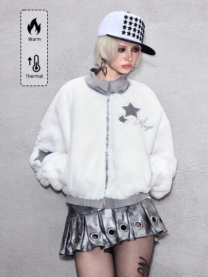 ROMWE Avant Women's Autumn/Winter Letter & Star Embroidery Zip-Up Faux Fur Collar Jacket