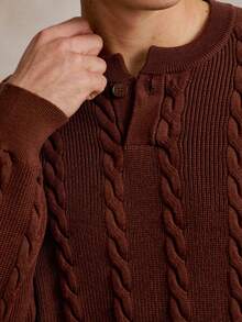 Manfinity Homme Men's Maroon Half-Button Crew Neck Knit Sweater,Autumn Smart Casual Dress Style,Collegiate Cable Knit Wear For Work Commute,Home Life & Casual Travel - Brown - View 3