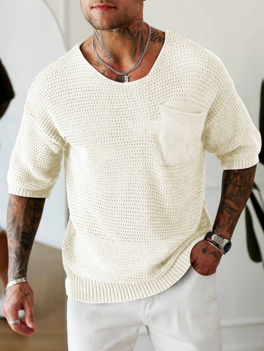 Manfinity Homme Áo thun tay ngắn màu trơn thường ngày cho nam - Màu be - Xem 1