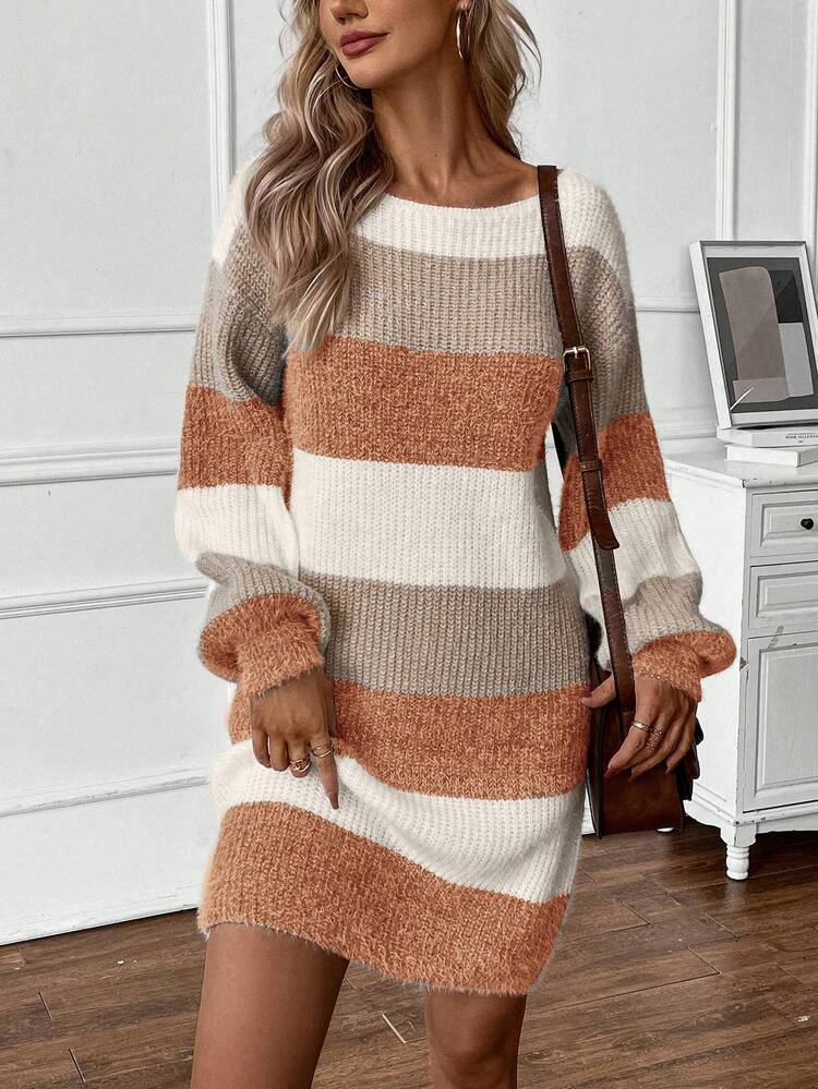 Plus Size Women Multicolor Boat Neck Lantern Sleeve Knit Warm Casual Loose Pullover Sweater Dress, Versatile For Daily Wear, Thanksgiving/Winter