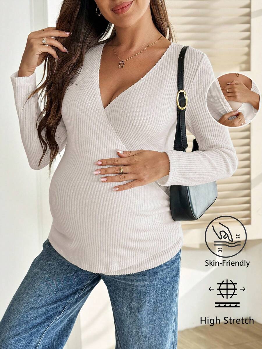 SHEIN Áo thun dài tay quấn chéo trước có gân màu trơn cho con bú - Màu be - Xem 1