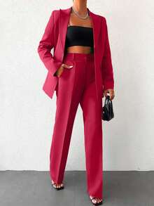 EURMUSE Ladies' Solid Color Simple Daily Suit Set - Red - View 3