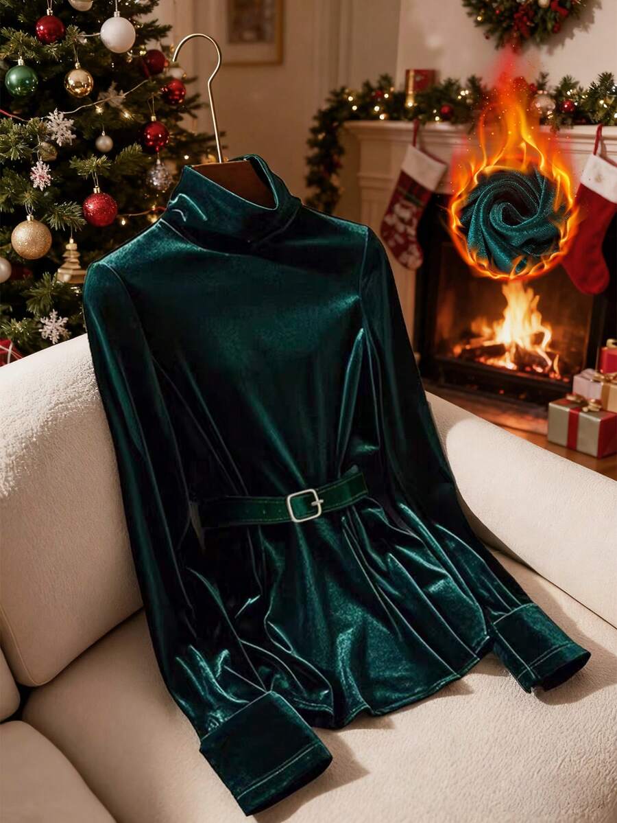 GlowEve Women's Fashion Mock Neck Elegant Belted Long Sleeve T-Shirt, Suitable For Commuting, Christmas, Back To School Season, Velvet, Casual Everyday Wear - Green - View 1