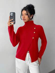 SHEIN Elenzya Elegancki sweter damski z wysokim kołnierzem i metalowymi guzikami, jednokolorowy, długi rękaw, czerwony sweter świąteczny, jesień/zima - Czerwony - Zobacz 3