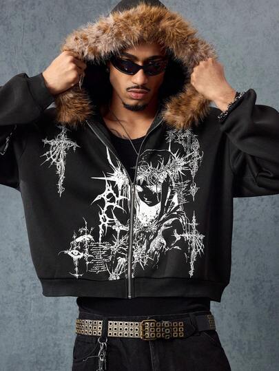 Street Life Men's Anime Character Hooded Sweatshirt With Fur Collar