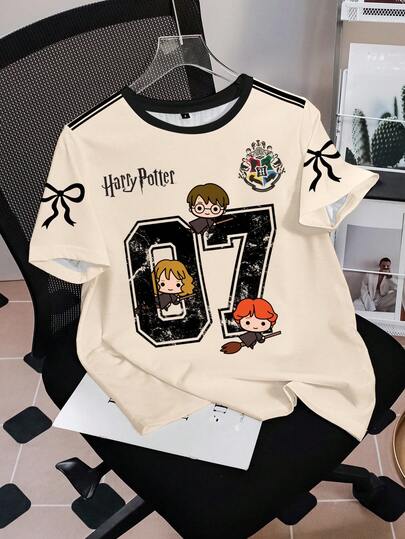 HARRY POTTER X SHEIN Camiseta de manga corta de verano para mujer con gráfico de números y figuras de dibujos animados, informal