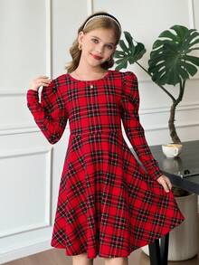 SHEIN Serisse Kids Tween Girls Cute Elegant Back 3D Bow Decoration Dress, Casual Simple Elegant Red Plaid Dress, , Birthday Dress, Princess Dress, Tween Girls Christmas Dress, Teen Clothing, College Dress,Bow Dress, Long-Sleeved Dress, Winter Dress - Red - View 8