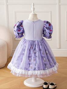 HELLO KITTY AND FRIENDS | SHEIN 年轻女孩可爱卡通图案撞色网眼荷叶边泡泡袖甜美连衣裙 - 紫色 - 查看 2