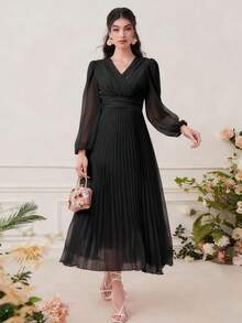 Modelyn 斜领褶边连衣裙超长款女士长款晚礼服 - 黑色 - 查看 1