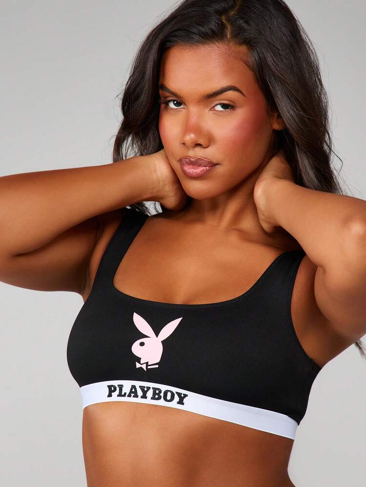 Missguided x Playboy Logo Crop Bralette With Contrast White Band