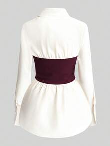 Franclia 2pcs Set: Waist Cinched Shirt & Wide Leg Pants, Slimming Design, Lapel Collar - Burgundy - View 5